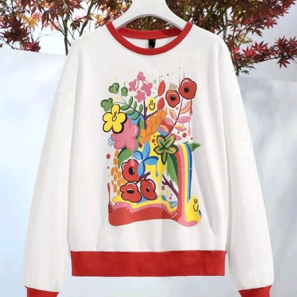 Contrast Trim Floral Print Pullover - Picture 1 of 6